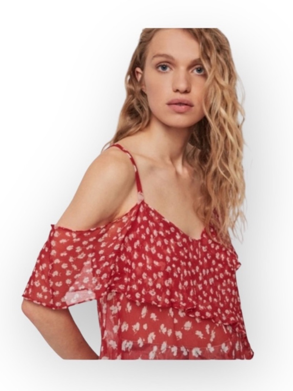 new Allsaints ꕥ Off Shoulder Ruffled Silk Floral Print Top ꕥ Red ꕥ Wear 2 Ways - Picture 14 of 16